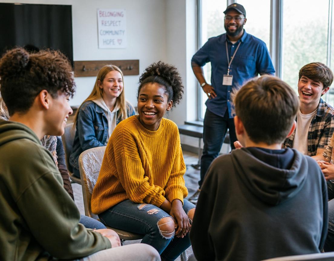 Teens laughing together during a Momentum youth group session.