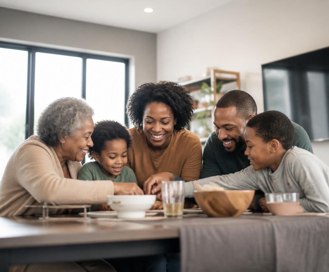 A multigenerational family sharing a warm moment around the kitchen table.