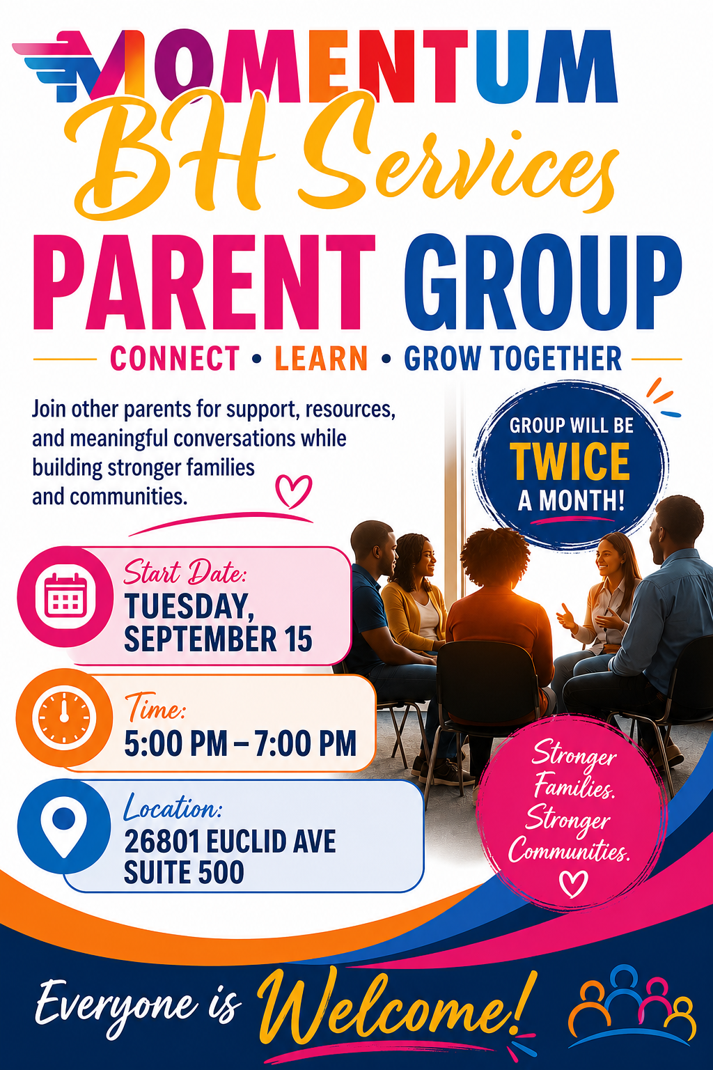 Momentum BH Services Parent Support Group flyer — Connect, Learn, Grow Together. Starts Tuesday, September 15, 5:00 PM to 7:00 PM, twice monthly, at 26801 Euclid Avenue Suite 500. Everyone is welcome.