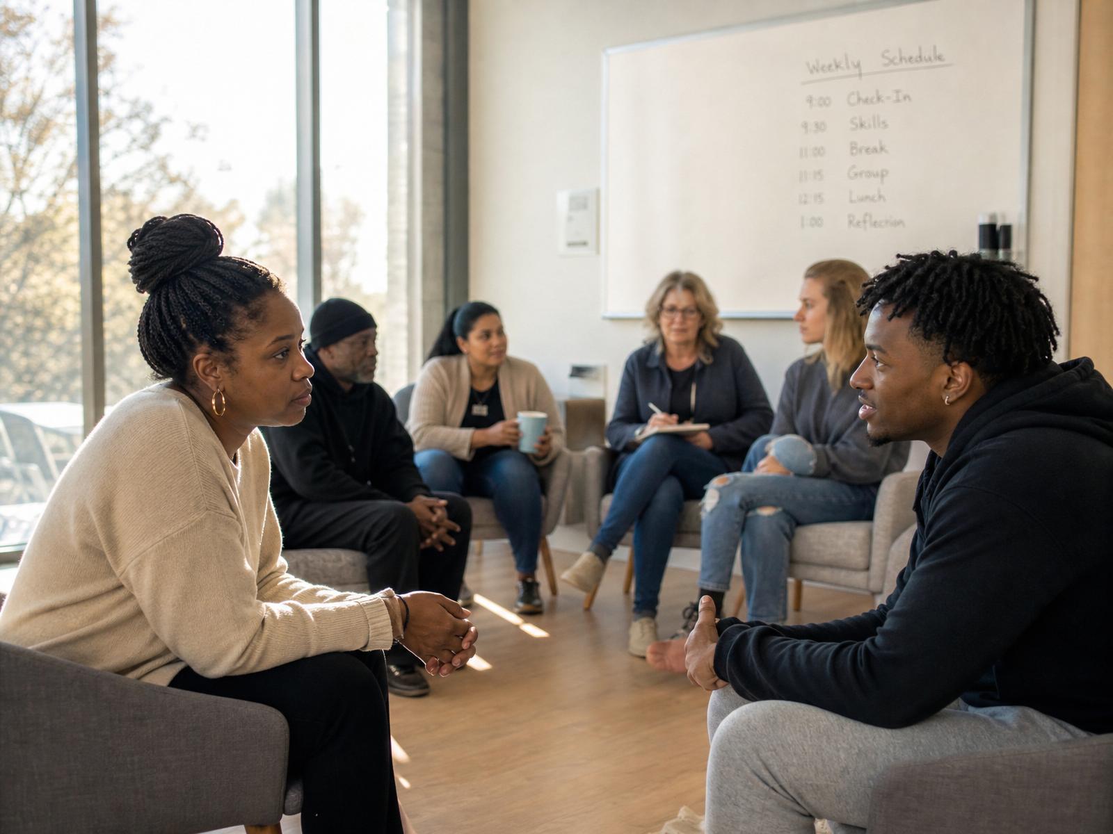 Participants engaged in a structured behavioral health day treatment program led by a professional facilitator.
